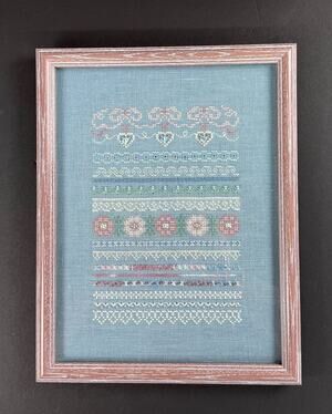 Vintage Finished Counted Sampler Wall Art - Framed Blue Linen Band Sampler
